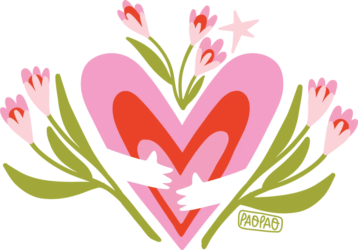 Ilustración de un corazón rosa y rojo abrazado por dos manos blancas, rodeado de tulipanes, firmada por PaoPao