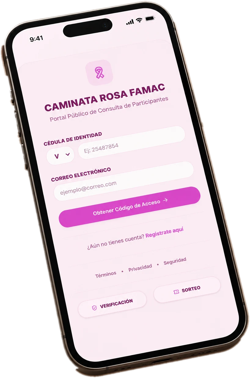 Portal de participantes de caminatafamac.com en un teléfono inteligente